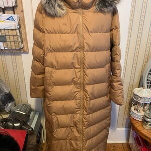 Women's Plus Size 1x Lands End Down Brown Puffer Maxi Coat with Faux Fur Trim